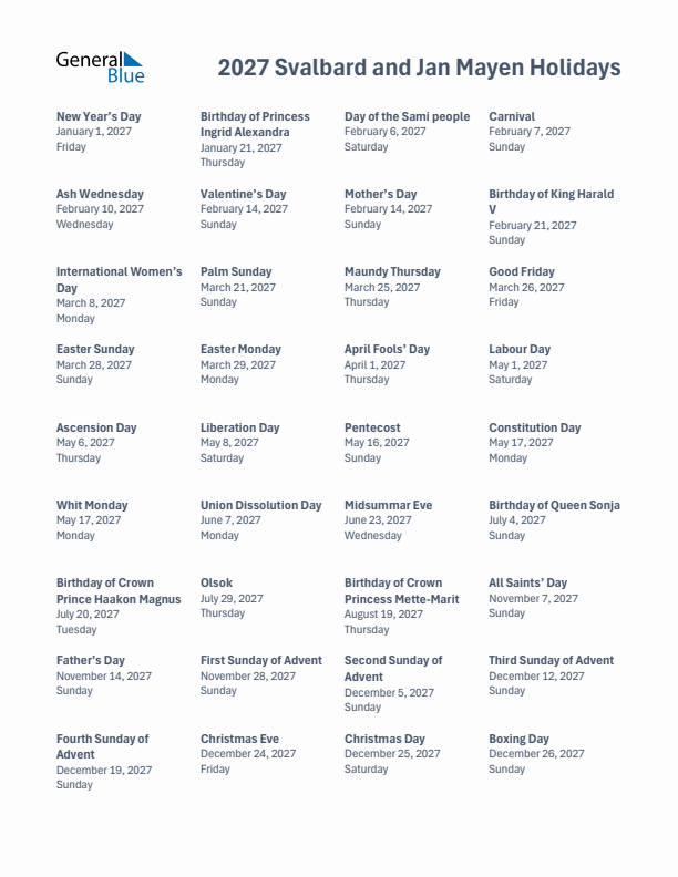 Free printable list of Svalbard and Jan Mayen holidays for year 2027