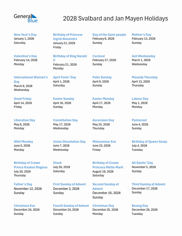 Free printable list of Svalbard and Jan Mayen holidays for year 2028