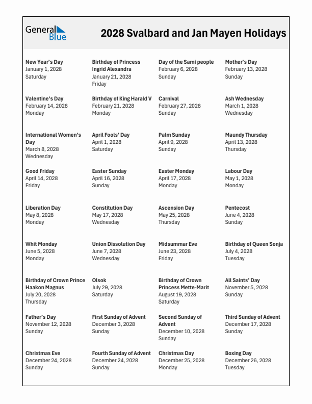 Free printable list of Svalbard and Jan Mayen holidays for year 2028