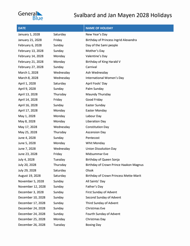 Free printable list of Svalbard and Jan Mayen holidays for year 2028