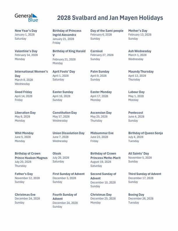 Free printable list of Svalbard and Jan Mayen holidays for year 2028