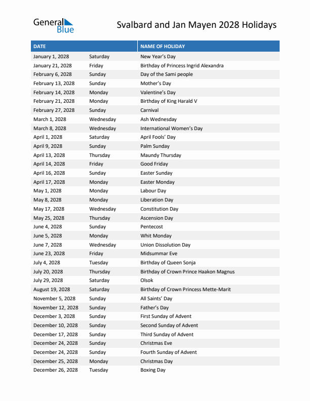 Free printable list of Svalbard and Jan Mayen holidays for year 2028