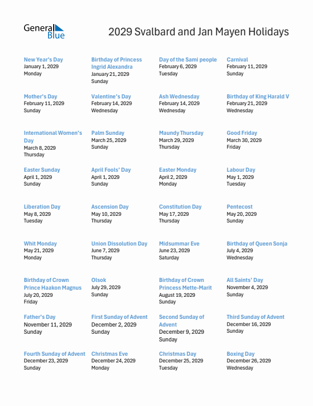 Free printable list of Svalbard and Jan Mayen holidays for year 2029