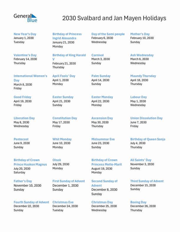 Free printable list of Svalbard and Jan Mayen holidays for year 2030