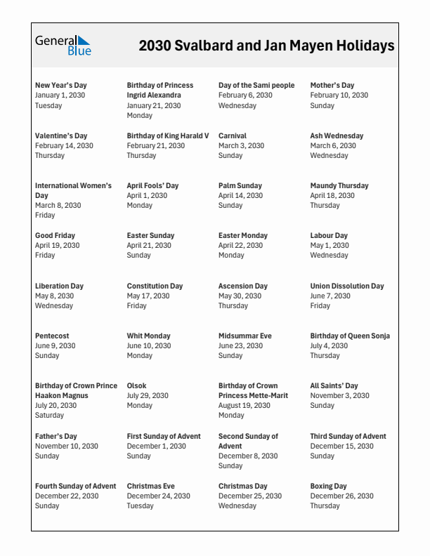 Free printable list of Svalbard and Jan Mayen holidays for year 2030