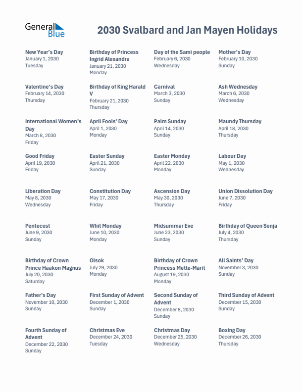 Free printable list of Svalbard and Jan Mayen holidays for year 2030