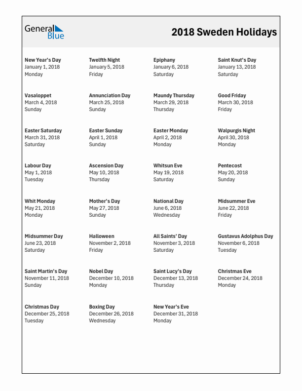 Free printable list of Sweden holidays for year 2018