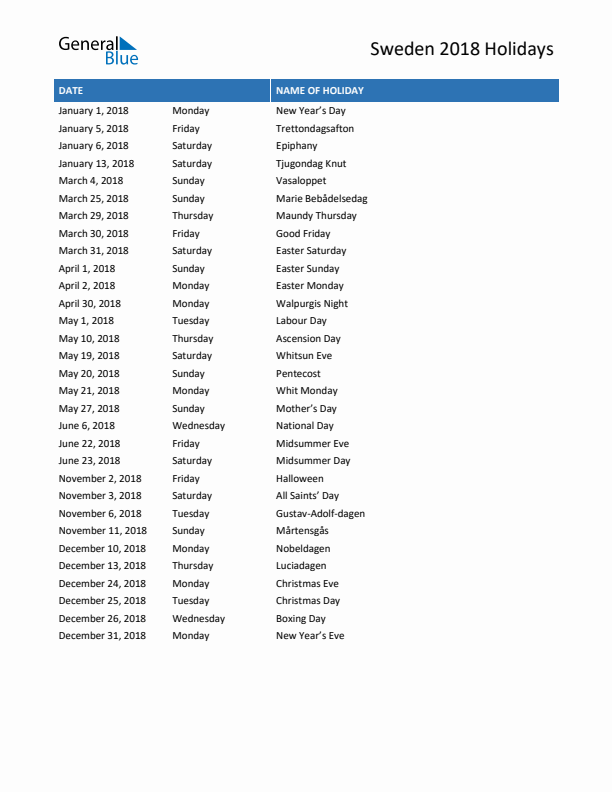 Free printable list of Sweden holidays for year 2018