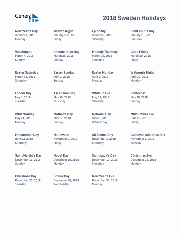 Free printable list of Sweden holidays for year 2018