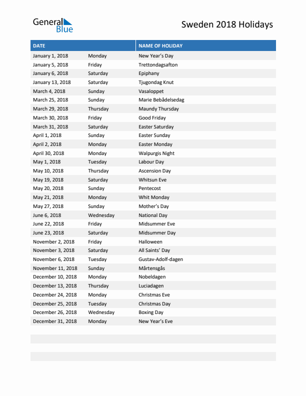 Free printable list of Sweden holidays for year 2018