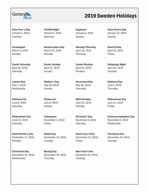 Free printable list of Sweden holidays for year 2019