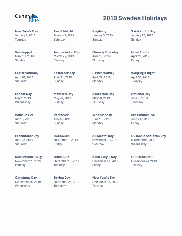 Free printable list of Sweden holidays for year 2019