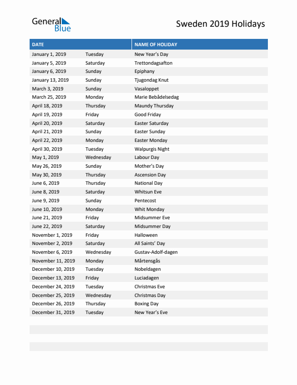 Free printable list of Sweden holidays for year 2019