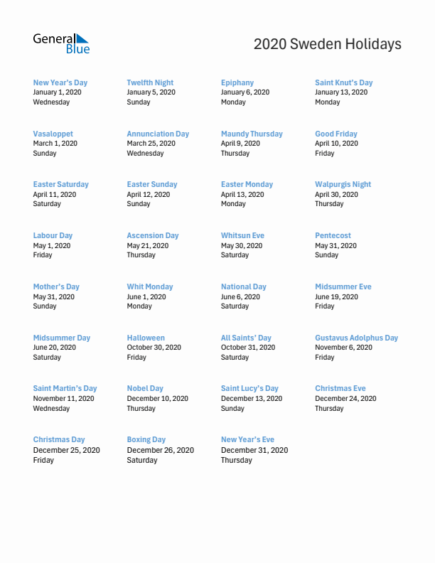 Free printable list of Sweden holidays for year 2020