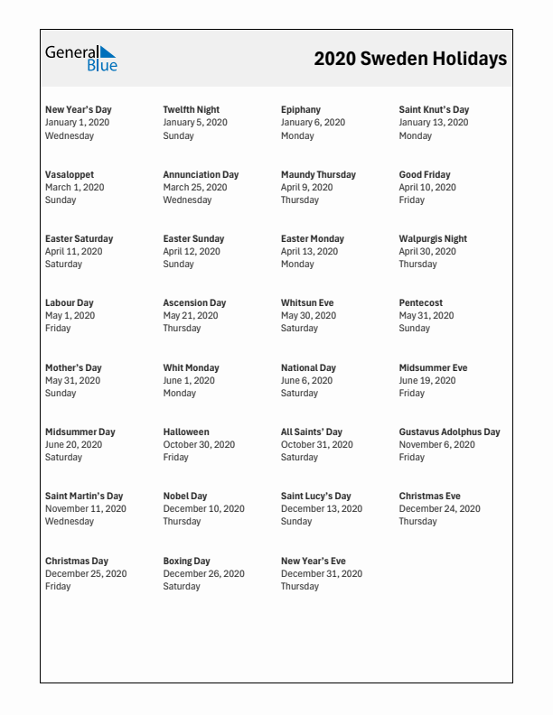 Free printable list of Sweden holidays for year 2020