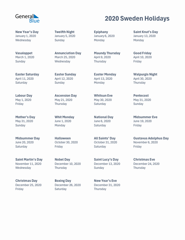 Free printable list of Sweden holidays for year 2020