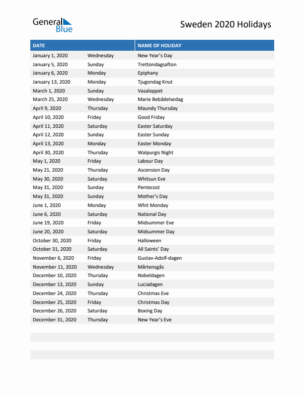 Free printable list of Sweden holidays for year 2020