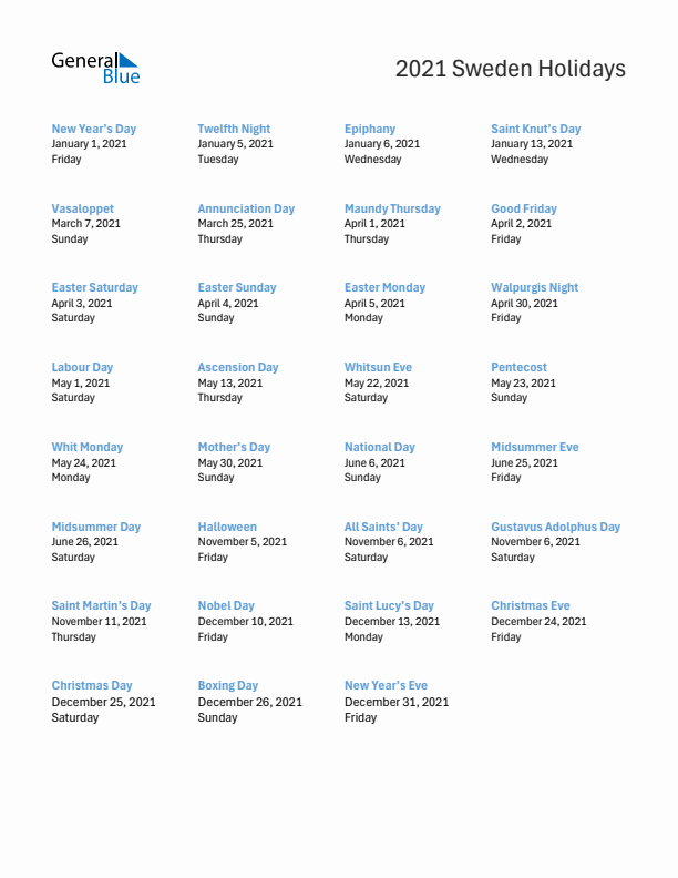 Free printable list of Sweden holidays for year 2021