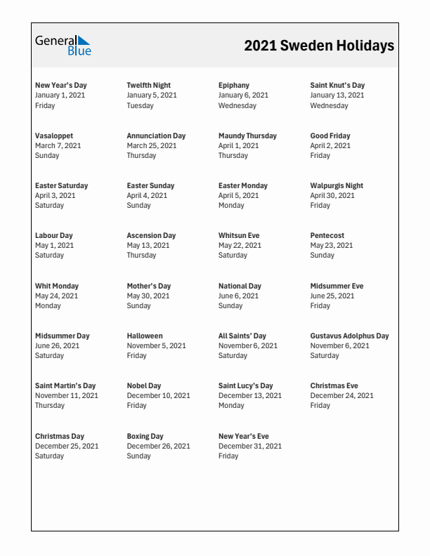 Free printable list of Sweden holidays for year 2021