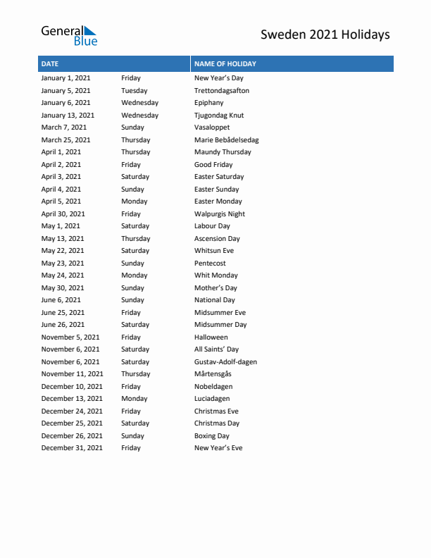 Free printable list of Sweden holidays for year 2021