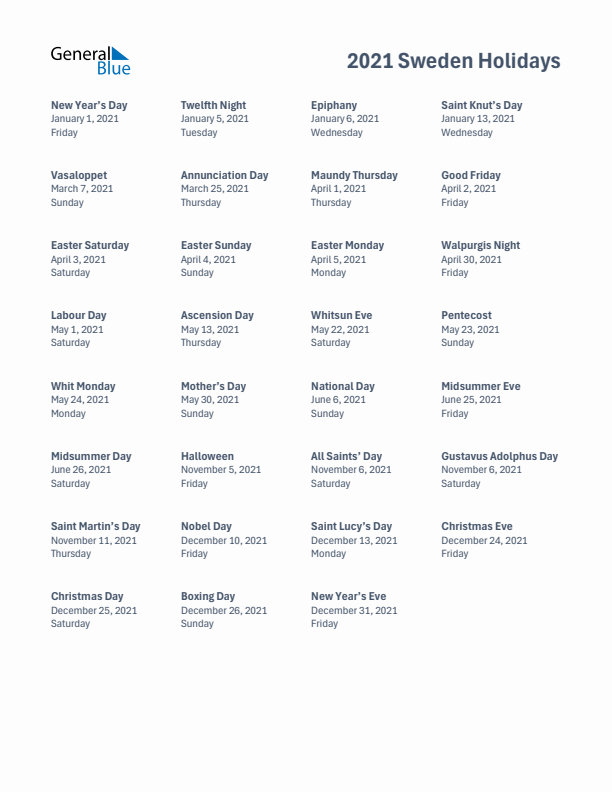 Free printable list of Sweden holidays for year 2021