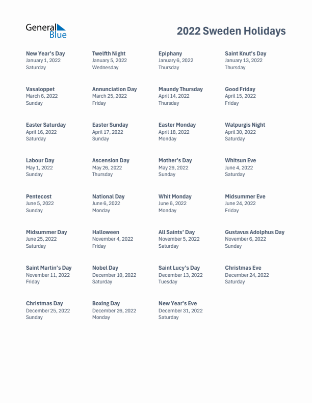 Free printable list of Sweden holidays for year 2022