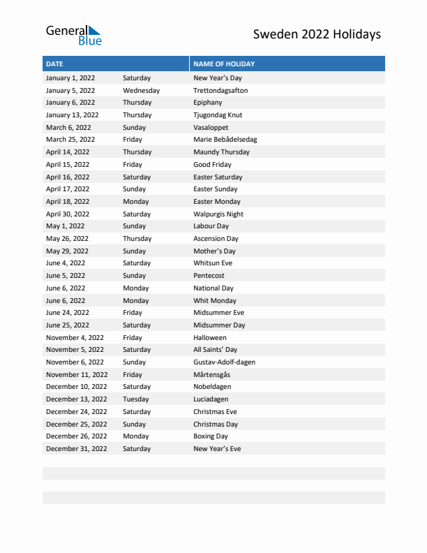 Free printable list of Sweden holidays for year 2022