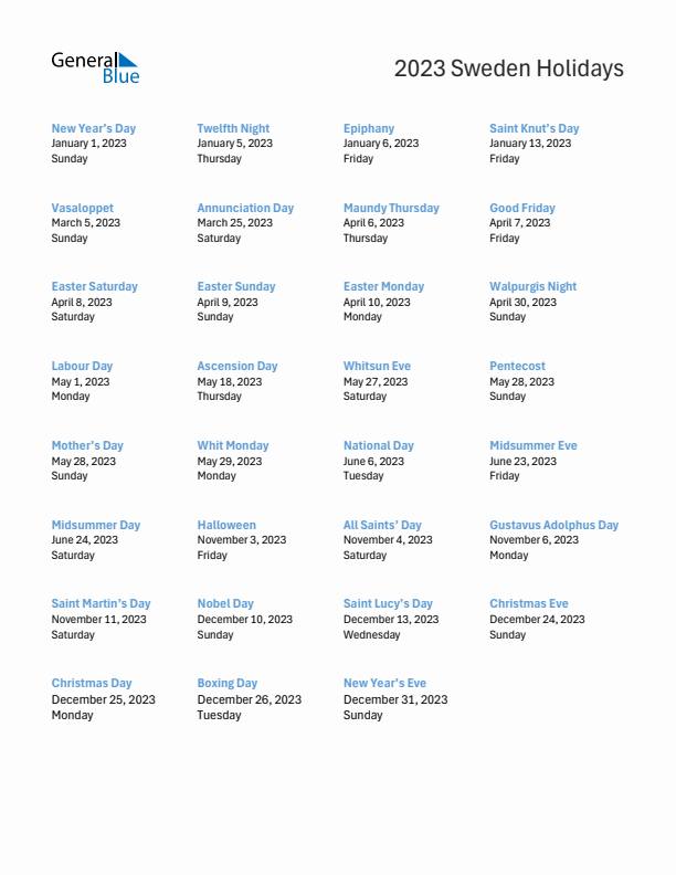 Free printable list of Sweden holidays for year 2023