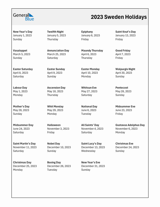 Free printable list of Sweden holidays for year 2023