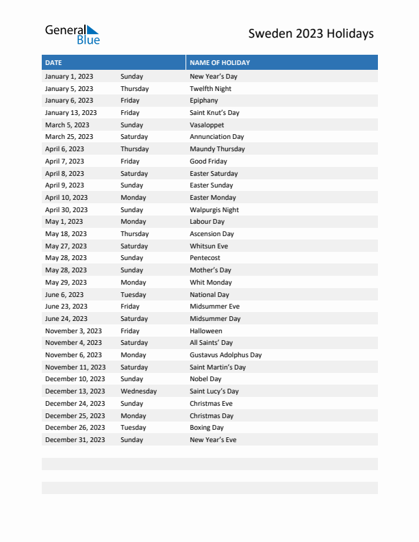 Free printable list of Sweden holidays for year 2023