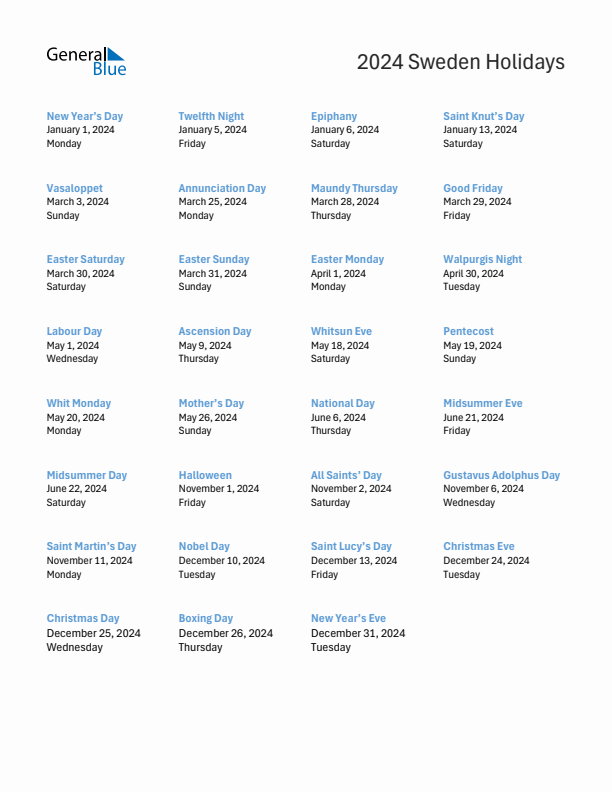 Free printable list of Sweden holidays for year 2024