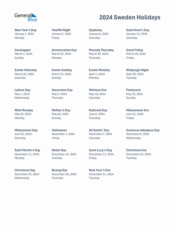 Free printable list of Sweden holidays for year 2024