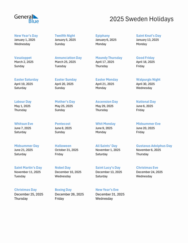 Free printable list of Sweden holidays for year 2025