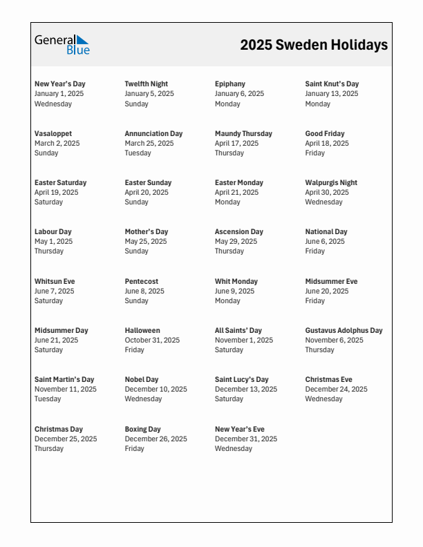 Free printable list of Sweden holidays for year 2025