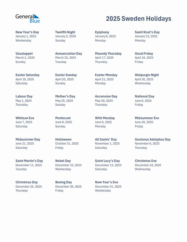 Free printable list of Sweden holidays for year 2025