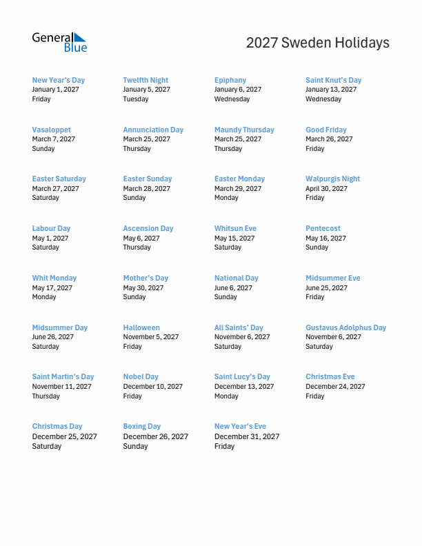 Free printable list of Sweden holidays for year 2027