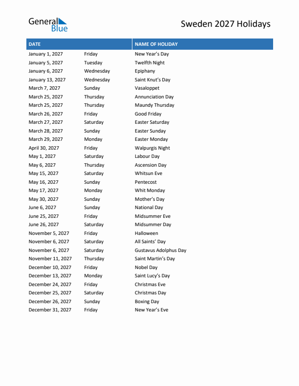 Free printable list of Sweden holidays for year 2027