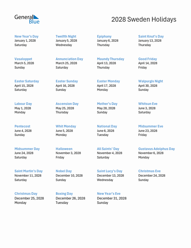 Free printable list of Sweden holidays for year 2028