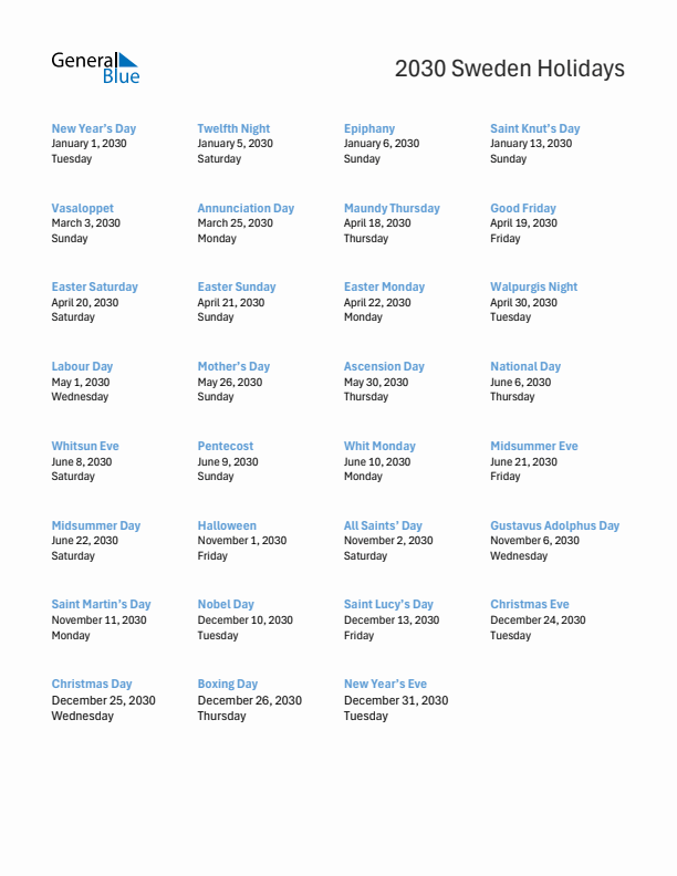 Free printable list of Sweden holidays for year 2030