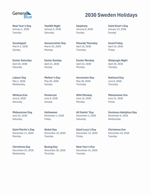 Free printable list of Sweden holidays for year 2030