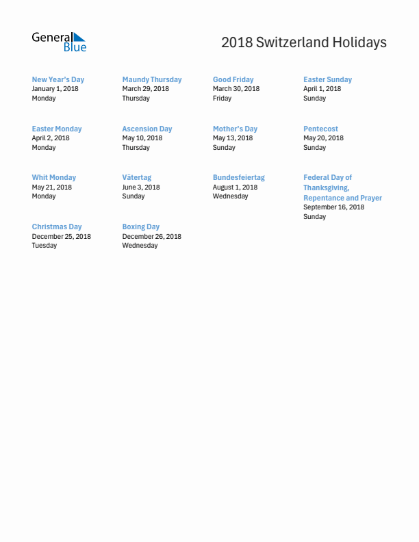 Free printable list of Switzerland holidays for year 2018