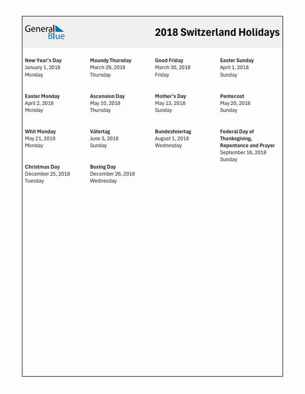 Free printable list of Switzerland holidays for year 2018