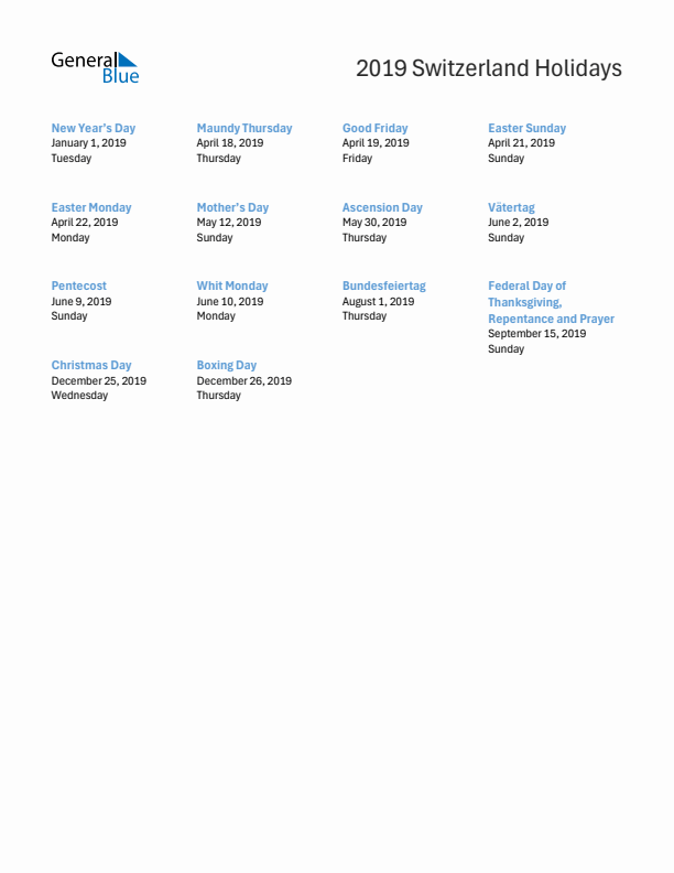 Free printable list of Switzerland holidays for year 2019