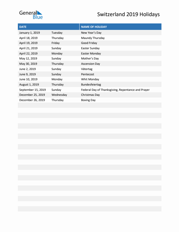 Free printable list of Switzerland holidays for year 2019