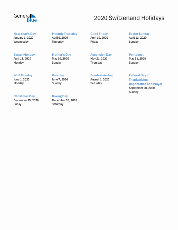 Free printable list of Switzerland holidays for year 2020