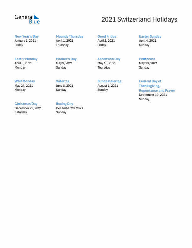 Free printable list of Switzerland holidays for year 2021