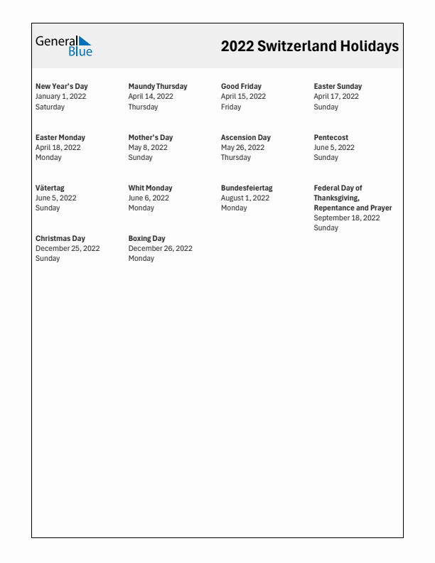 Free printable list of Switzerland holidays for year 2022