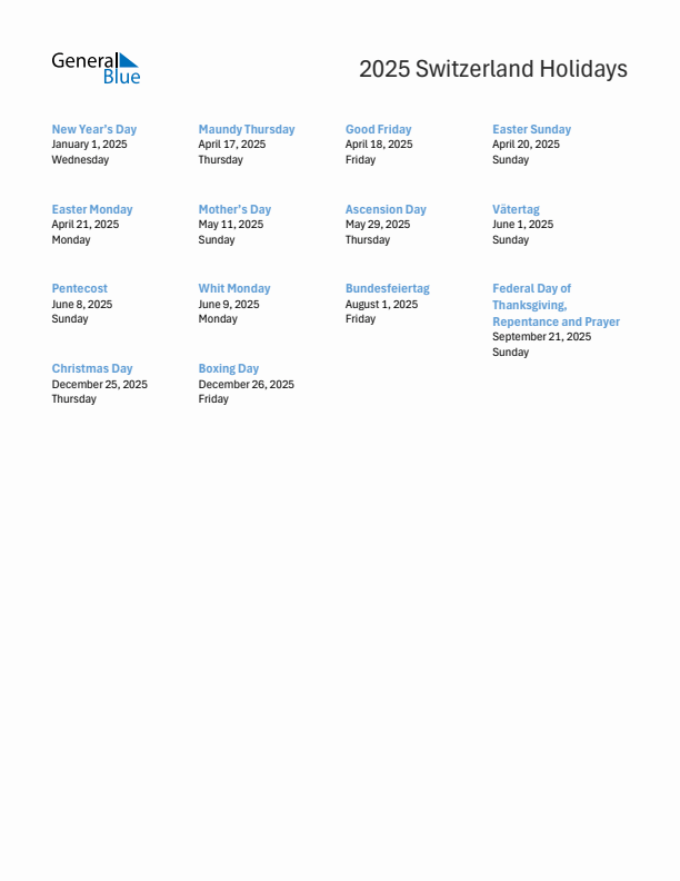 Free printable list of Switzerland holidays for year 2025