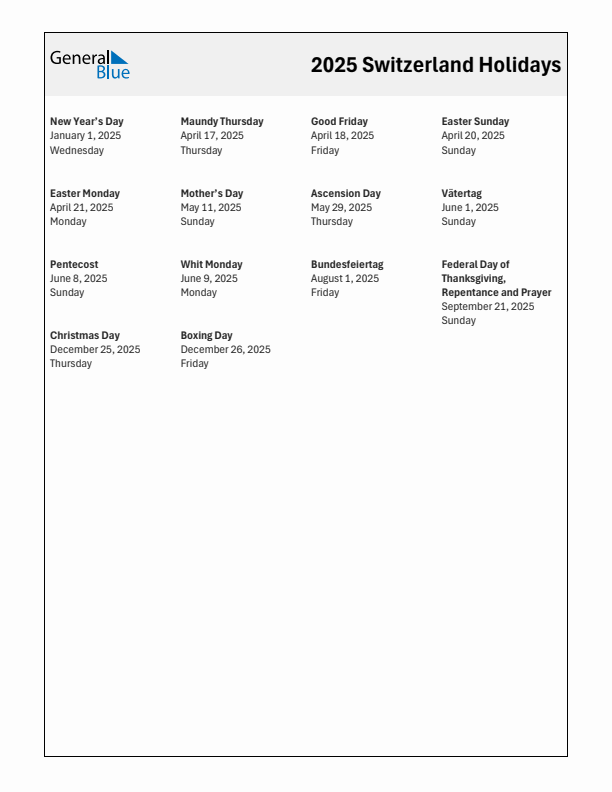 Free printable list of Switzerland holidays for year 2025