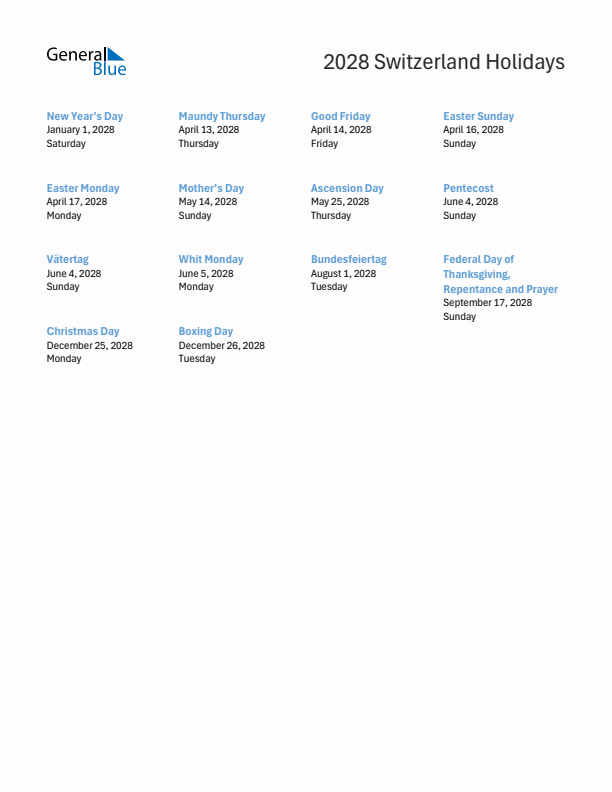 Free printable list of Switzerland holidays for year 2028